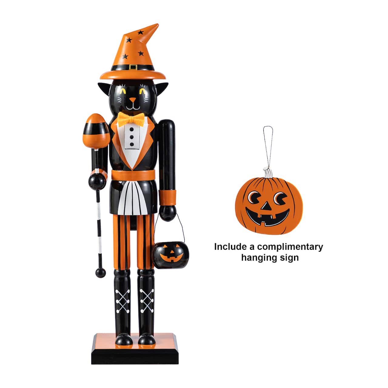 Glitzhome® 18.5"H Halloween Wooden Black Cat Nutcracker with Pumpkin Ornament